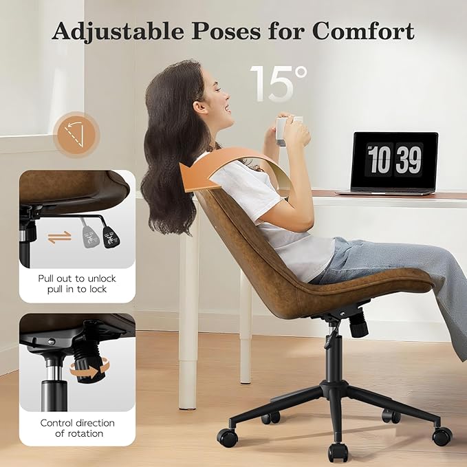 Armless Desk Chair, Armless Office Chair with Wheels, Small Desk Chair No Arms for Home Office, Swivel Vantiy Chair with Backs for Bedroom, Rolling Task Chair for Small Space, Brown