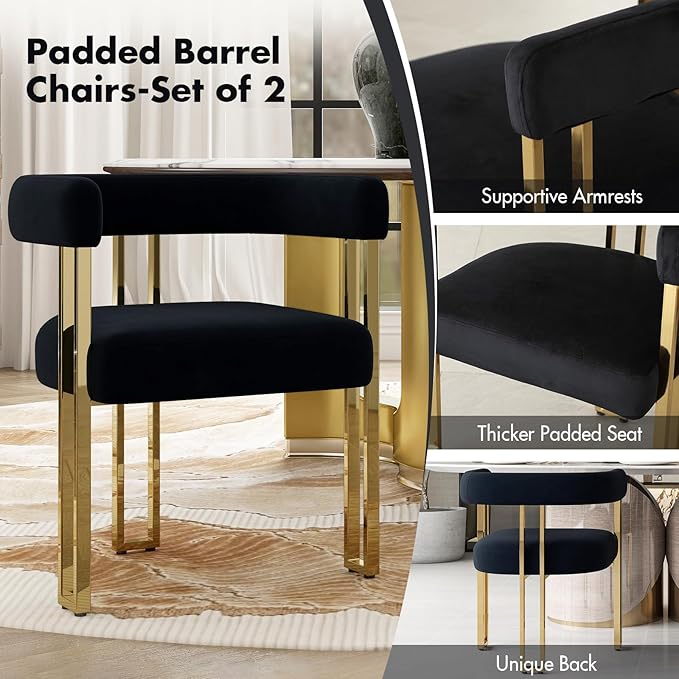 Black and Gold Modern Dining Chairs Set of 2, Velvet Upholstered Barrel Armchairs with Metal Legs for Kitchen Island, Mid Century Accent Chairs for Dining Room Living Room, Open-Back