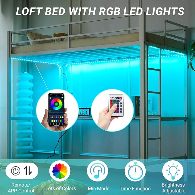 Karl home Twin Metal Loft Bed with Desk, with Power Outlet and LED Lighted, Safety Guardrail & Ladder, Space Saving, No Noise, No Box Spring Needed, White