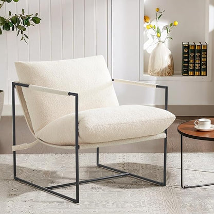Furnilivng Large Sling Accent Chair, Comfortable Boucle Fabric Arm Chair, Upholstered Cozy Reading Chair for Living Room, Bedroom, Dressing Room, Home Office, White