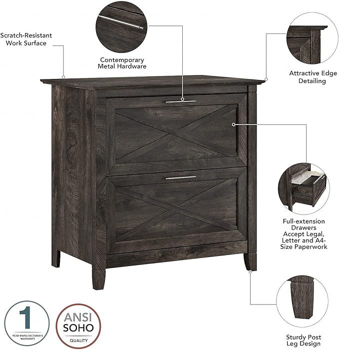Bush Furniture Key West 54W Computer Desk with Storage and 2 Drawer Lateral File Cabinet in Dark Gray Hickory