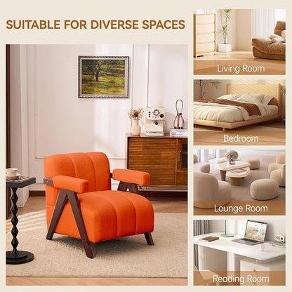 Accent Chair Mid-Century Modern with Wide Backrest for Bedroom, Upholstered Living Room Chair with Wooden, Lounge Armchair with Thick Cushion, Cute Teddy Comfy Chair, Orange