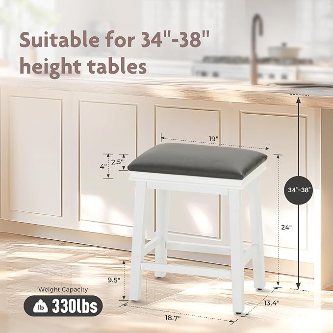 ALPHA HOME 24 Inch Counter Height Bar Stools Set of 2, Modern Design, Upgraded Faux Leather Upholstery, Sturdy Wood Legs - Ideal for Kitchen Islands, Black
