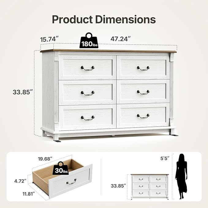 Amada 6 Drawers Dresser for Bedroom, Farmhouse 47" Wide Dresser & Chest of Drawers with Roman Column Design, Large Storage Organizer with 6 Drawer Sizes for Bedroom, Living Room