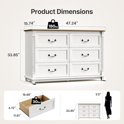 Amada 6 Drawers Dresser for Bedroom, Farmhouse 47" Wide Dresser & Chest of Drawers with Roman Column Design, Large Storage Organizer with 6 Drawer Sizes for Bedroom, Living Room