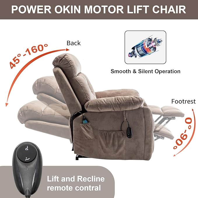 Oversized Lift Recliner Chairs for Elderly, 26in Extra Wide Power Chair with Massaga and Heating, Large Electric Lay Flat Recliners Sofa for Big and Tall Adult Lounging, Velvet Light Brown