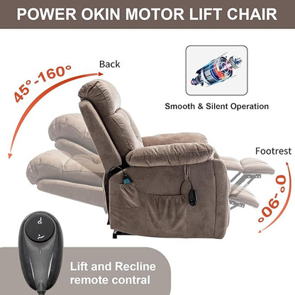 Oversized Lift Recliner Chairs for Elderly, 26in Extra Wide Power Chair with Massaga and Heating, Large Electric Lay Flat Recliners Sofa for Big and Tall Adult Lounging, Velvet Light Brown