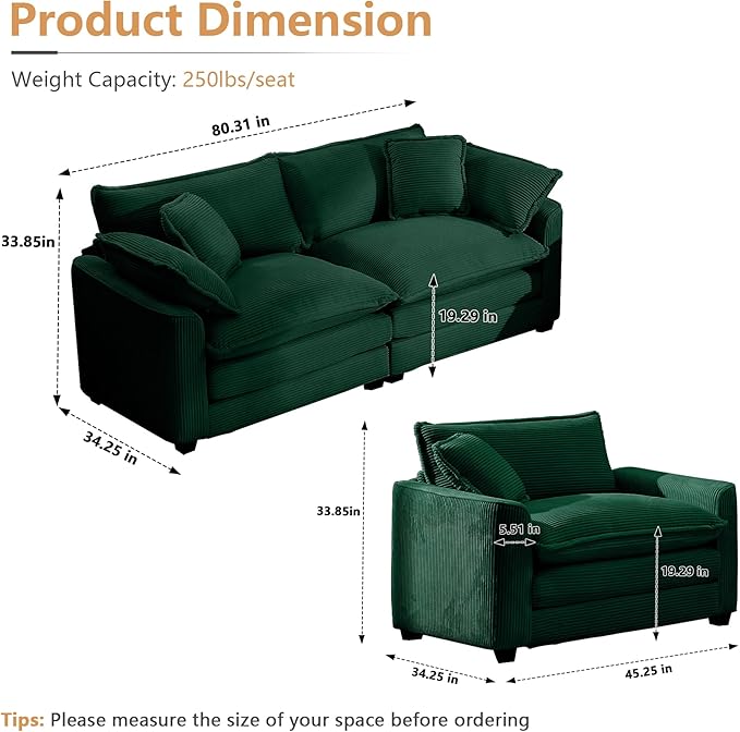 mikibama Luxury 3 Piece Sofa Set, Loveseat Couch & 2 Single Sofa Set, Modern Corduroy Comfy Cloud Couches Set for Living Room Office with 2 Armrest Pillows and 4 Toss Pillows, Green