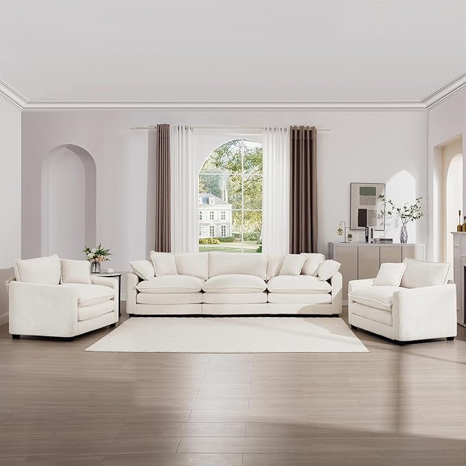 mikibama Luxury 3 Piece Sofa Set, 3-Seater & 2 Single Sofa Set, Modern Corduroy Comfy Cloud Couches Set for Living Room Office with 2 Armrest Pillows and 5 Toss Pillows, Beige