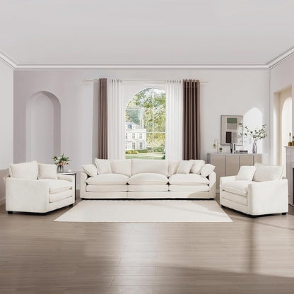 mikibama Luxury 3 Piece Sofa Set, 3-Seater & 2 Single Sofa Set, Modern Corduroy Comfy Cloud Couches Set for Living Room Office with 2 Armrest Pillows and 5 Toss Pillows, Beige