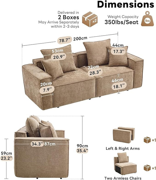 WILLOVE 78'' Modular Sectional Sofa, Chenille Cloud Couch with Wide Armrests & 4 Pillows, Deep Seat Couches for Living Room, Khaki