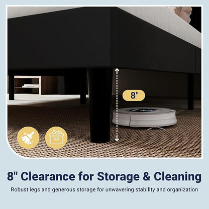Allewie Queen Size Platform Bed Frame with USB Charging Station and Storage Shelf/Upholstered Velvet Wingback Headboard/Wooden Slats Support/No Box Spring Needed/Easy Assembly, Black