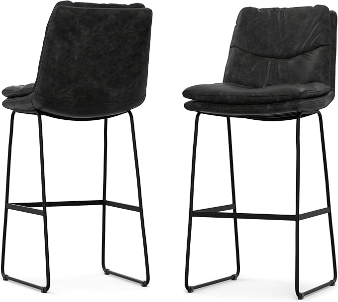 SIMPLIHOME Danika Bar Stools (Set of 2) - 29 inch Seat Height Upholstered Metal Bar Chairs in Distressed Charcoal Grey Vegan Faux Leather, Mid Century Seating for Kitchen with Tufted Pillow-Top Seat