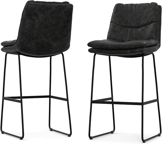 SIMPLIHOME Danika Bar Stools (Set of 2) - 29 inch Seat Height Upholstered Metal Bar Chairs in Distressed Charcoal Grey Vegan Faux Leather, Mid Century Seating for Kitchen with Tufted Pillow-Top Seat