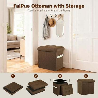 Storage Ottoman Cube, 61L Slim Tall Foldable Foot Rest with Thicker Foam Padded Seat. 350 lbs Small Linen Ottoman with Storage Bench Footstool for Living Room, Bedroom, Coffee Table. 17x13x17in, Brown