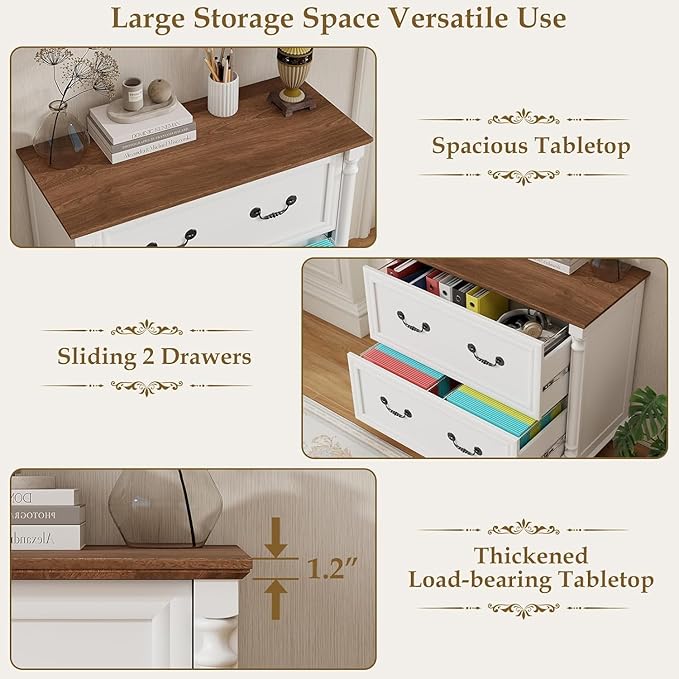 Lateral File Cabinet 2 Drawers Farmhouse File Cabinet Set of 2 for Letter/A4/Legal Size Hanging Files, Large Rustic White Storage Cabinets Printer Stand with 4 Solid Wood Feet &Column Decor for Office