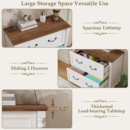 Lateral File Cabinet 2 Drawers Farmhouse File Cabinet Set of 2 for Letter/A4/Legal Size Hanging Files, Large Rustic White Storage Cabinets Printer Stand with 4 Solid Wood Feet &Column Decor for Office