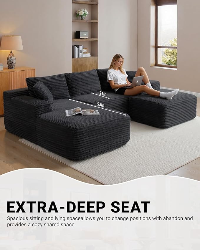 108 Inch Cloud Sectional Couch,Modern Modular Sectional Sofa with Deep Seat,Corduroy Boneless Couches with L-Shape Chaise for Living Room,No Assembly Required (Black, Left Facing Chaise + Ottoman)