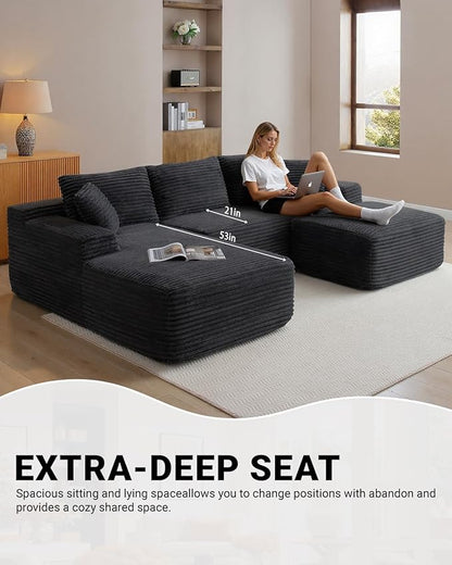 108 Inch Cloud Sectional Couch,Modern Modular Sectional Sofa with Deep Seat,Corduroy Boneless Couches with L-Shape Chaise for Living Room,No Assembly Required (Black, Left Facing Chaise + Ottoman)