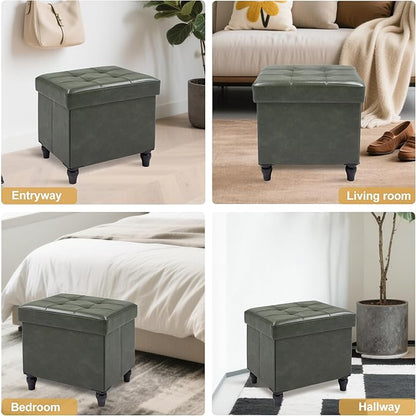 GLAXYFUR Storage Ottoman Bench, 15 Inches Foldable Ottoman Foot Stool with Legs, PU Leather Footrest for Living Room, Bedroom, Dorm (Green)