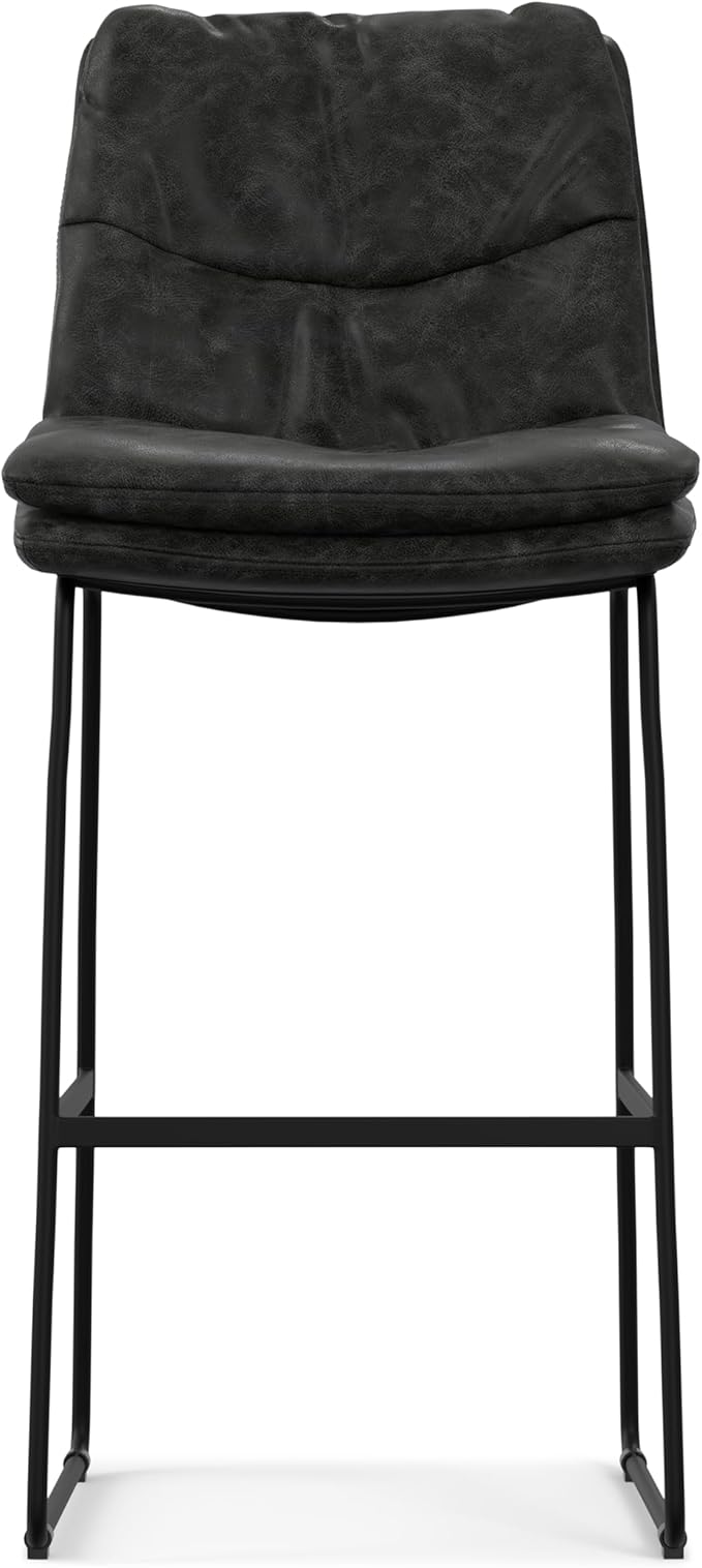 SIMPLIHOME Danika Bar Stools (Set of 2) - 29 inch Seat Height Upholstered Metal Bar Chairs in Distressed Charcoal Grey Vegan Faux Leather, Mid Century Seating for Kitchen with Tufted Pillow-Top Seat