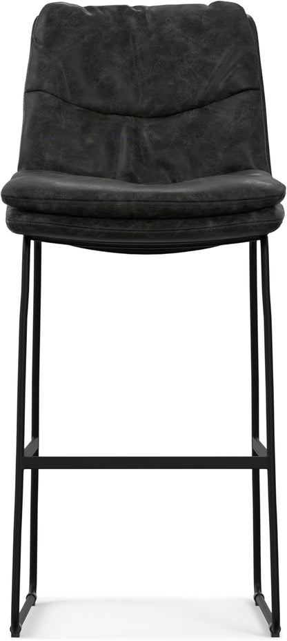 SIMPLIHOME Danika Bar Stools (Set of 2) - 29 inch Seat Height Upholstered Metal Bar Chairs in Distressed Charcoal Grey Vegan Faux Leather, Mid Century Seating for Kitchen with Tufted Pillow-Top Seat