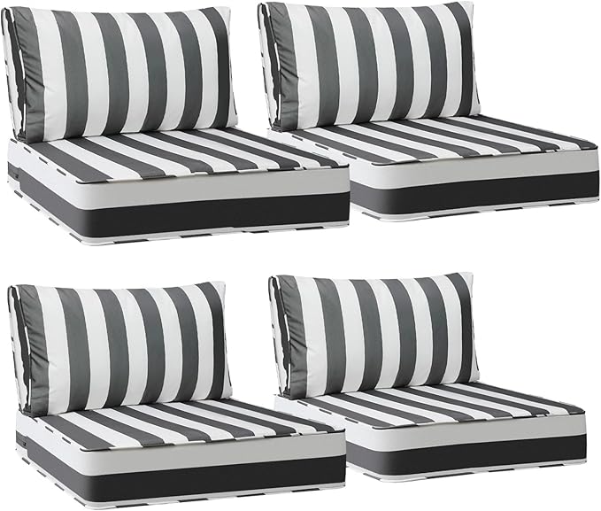 AAAAAcessories Outdoor Deep Seat Cushions, Waterproof, Fade-Resistant Patio Furniture Replacement Cushions, 24" x 24" x 5" + 24" x 13.5", Set of 4, Gray Cabana Stripe