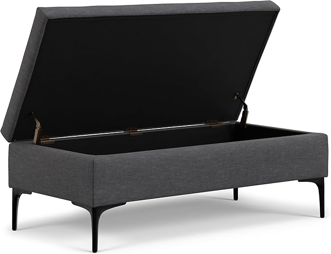 SIMPLIHOME Rebecca 48 inch Wide Mid Century Modern Rectangle Large Coffee Table Storage Ottoman with Lift up Lid in Slate Grey Polyester , Assembled, For the Living Room, Entryway and Family Room