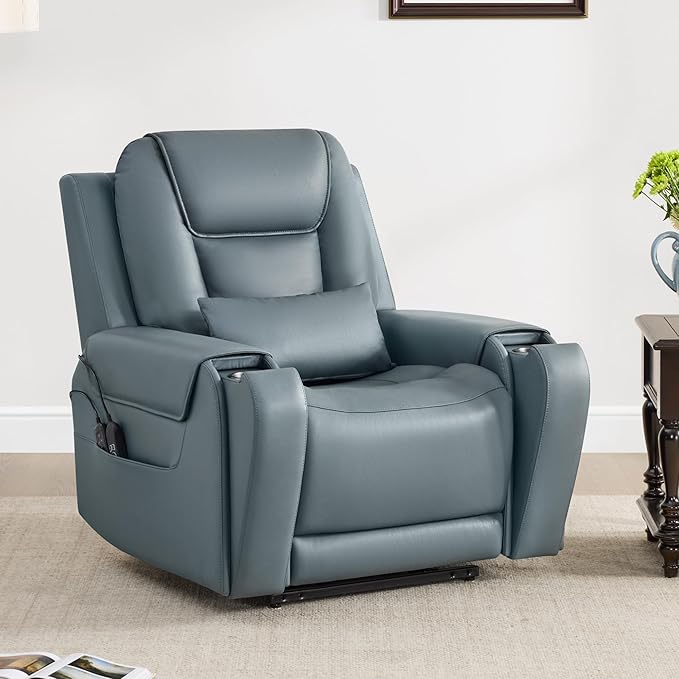 CHITA Electric Power Lift Recliner Chair for Elderly with Massage and Heat, Large Lay Flat Genuine Leather Recliner Chair with Cup Holders, USB Ports, Power Headrest, Independent Backrest, Navy