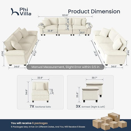 PHI VILLA Cloud Modular Couches Sets, 3 Pieces Large Sectional Sofa Set with Loveseats, 7-Seater Upholstered Couch for Living Room, Chenille Corduroy Dual Fabric, Beige