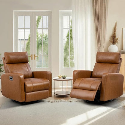 Genuine Leather Power Swivel Recliner Chair, Glider Electric Rocking Chair for Adults. Nursery Rocker Sofa Chair with Adjustable Headrest for Living Room. Wireless Charging/Type-C&USB, Brown