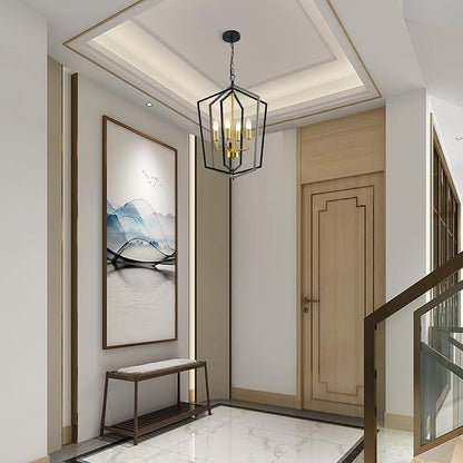 18.1" Chandeliers for Dining Room, 4-Light Farmhouse Foyer Lighting Fixtures, Modern Pendant Lights Kitchen Island, Black and Gold Lantern Pendant Light, for Bedroom, Entryway, Staircase