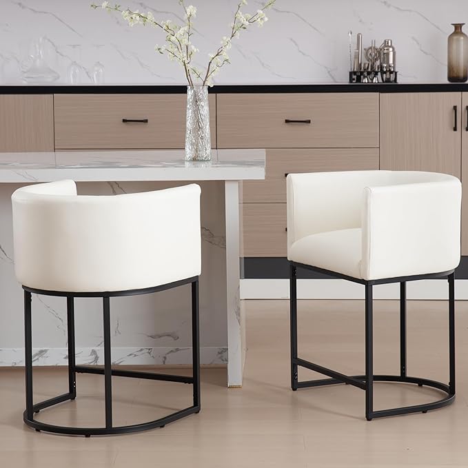 PU Leather Bar Stools Set of 3, Modern Upholstered Counter Height Bar stools 24" Leather Barstools Barrel Kitchen Counter Island Stools with Black Metal Base, White