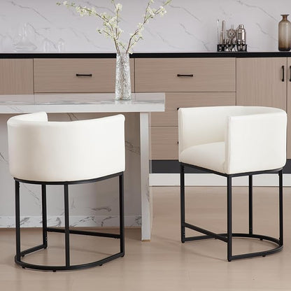 PU Leather Bar Stools Set of 3, Modern Upholstered Counter Height Bar stools 24" Leather Barstools Barrel Kitchen Counter Island Stools with Black Metal Base, White