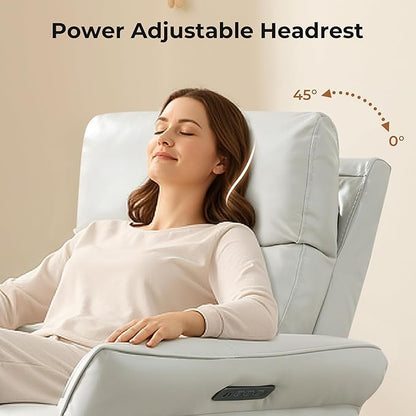 CHITA Genuine Leather Power Recliner Chair, Electric Triple-Motor Swivel Glider Nursery Rocking Chair with Adjustable Power Headrest and Lumbar Support, Solid Wood Base, Creamy Grey