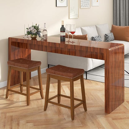 COSTWAY Saddle Bar Stools Set of 4, 25-Inch Counter Height Barstools w/PU Leather Seat, Solid Rubber Wood Frame, Footrest, Mid-Century Backless Counter Stools for Kitchen Island Home Bar