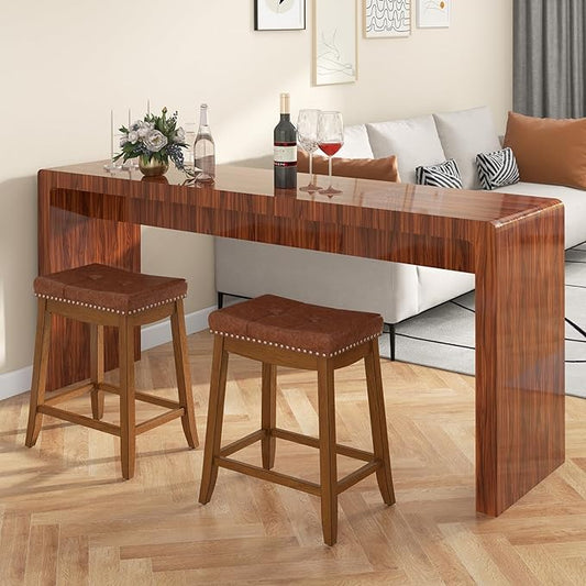COSTWAY Saddle Bar Stools Set of 2, 25-Inch Counter Height Barstools w/PU Leather Seat, Solid Rubber Wood Frame, Footrest, Mid-Century Backless Counter Stools for Kitchen Island Home Bar