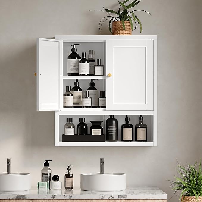 Metal Bathroom Storage Cabinet, Metal Storage Cabinet with 2 Adjustable Shelves & 2 Doors,Freestanding Sideboard for Small Spaces (White, Wall Cabinet-22.59" H)