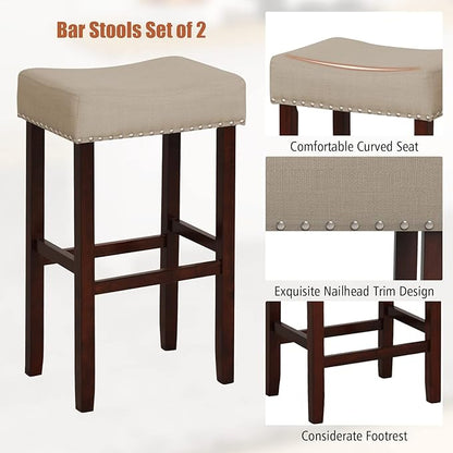 COSTWAY Counter Height Bar Stools Set of 2, 29.5-inch Backless Saddle Stools with Nailhead Trim, Footrest, Max Load 330 Lbs, Upholstered Barstools for Kitchen Island Pub, Beige