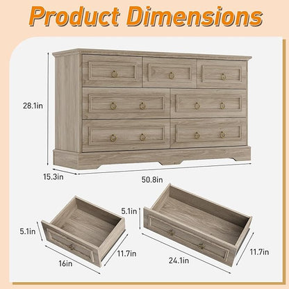 Maupvit Dresser, Vintage Design Wood Rustic Chest of Drawers with Natural Texture, Sturdy & Durable Farmhouse Dresser, Ideal Storage Dressers for Living Room (Grey, 7 Drawers)
