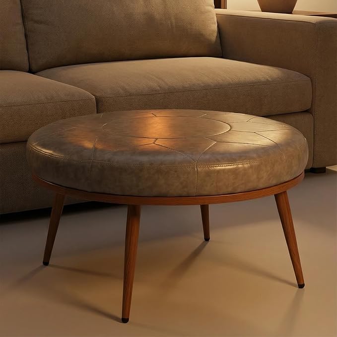 Round Ottoman Coffee Table - PU Leather Fabric, Metal Frame, Thick Cushioned Tabletop for Living Room, Therapy Room, or Style Lovers - Perfect as Coffee Table, Footstool, or Chair-Grey