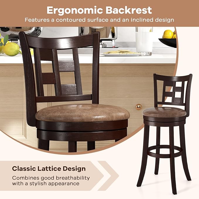 COSTWAY Set of 4 Bar Stools, 30” Swivel Bar Chairs with Footrest, Rubber Wood Frame & Lattice Backrest, Leathaire Bar Height Stools for Kitchen Island (4, 30”)