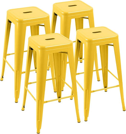 Furniwell 30 Inches Metal Bar Stools High Backless Tolix Indoor-Outdoor Stackable Barstool with Square Counter Seat Set of 4 (Yellow)