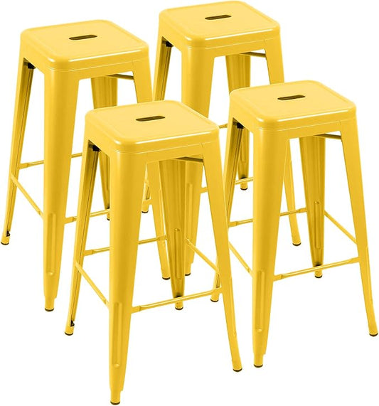 Furniwell 30 Inches Metal Bar Stools High Backless Tolix Indoor-Outdoor Stackable Barstool with Square Counter Seat Set of 4 (Yellow)
