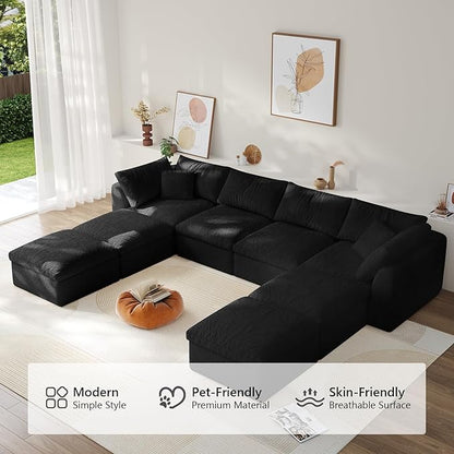138" Boneless Cloud Couch Modular Sectional Sofa with Deep Seat for Living Room, L Shape Couch with Ottoman, Snowflake Cloth and 40D Memory Sponge，2 Throw Pillows (Black, 4 Seater+4 Ottoman)