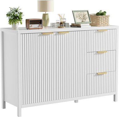 Fluted Sideboard Buffet Cabinet, 46.5" Storage Buffet Cabinet with 2 Doors & 3 Drawers, Modern Wood Sideboard Console for Living Room, Dinning Room, Kitchen, White