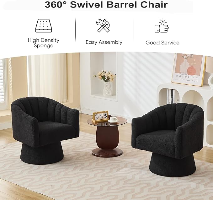 Swivel Accent Chair,Upholstered Teddy 360° Swivel Barrel Chair for Living Room Overstuffed Bouncle Reading Chair Round Armchair for Bedroom,Vanity,Office-Black