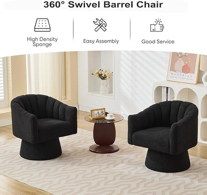 Swivel Accent Chair,Upholstered Teddy 360° Swivel Barrel Chair for Living Room Overstuffed Bouncle Reading Chair Round Armchair for Bedroom,Vanity,Office-Black