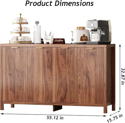 55" Large Buffet Sideboard with Storage, 33" Tall Kitchen Buffet Storage Cabinet with 4 Doors, Modern Coffee Bar Cabinet with Gold Handles, Long Sideboard Buffet Table for Kichen, Walnut