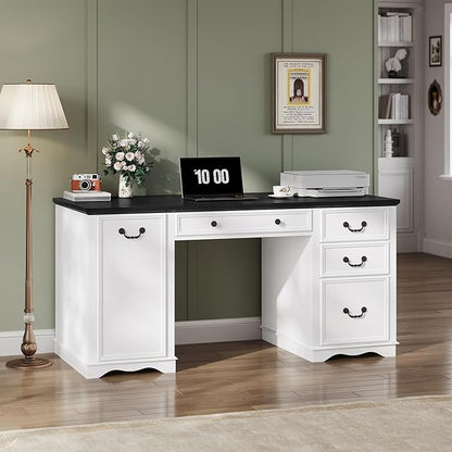 60'' Farmhouse Executive Desk with Drawers, Home Office Desk with Power Outlet & Keyboard Tray, Wood Computer Desk with File Drawer & Slide-Out Storage Shelves, Writing Desk for Work, White